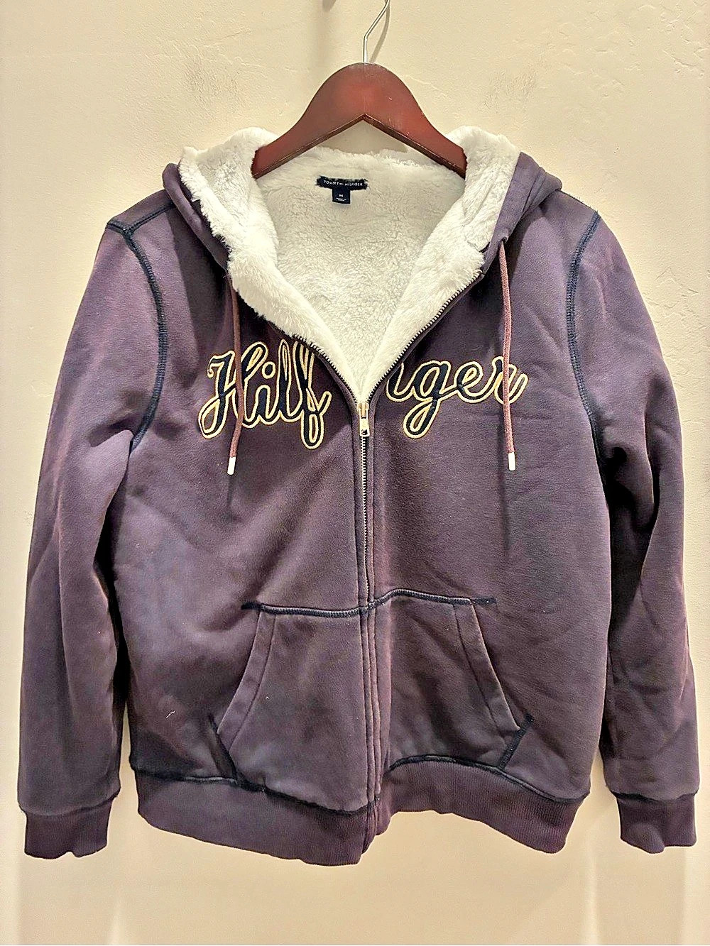 Tommy Hilfiger Faux-Fur Lined Script Logo Zip Hoodie Purple Medium Size M